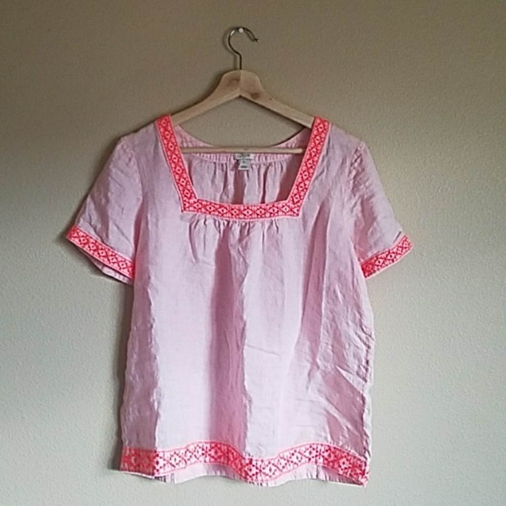 Pink J. Crew Embroidered Linen Top